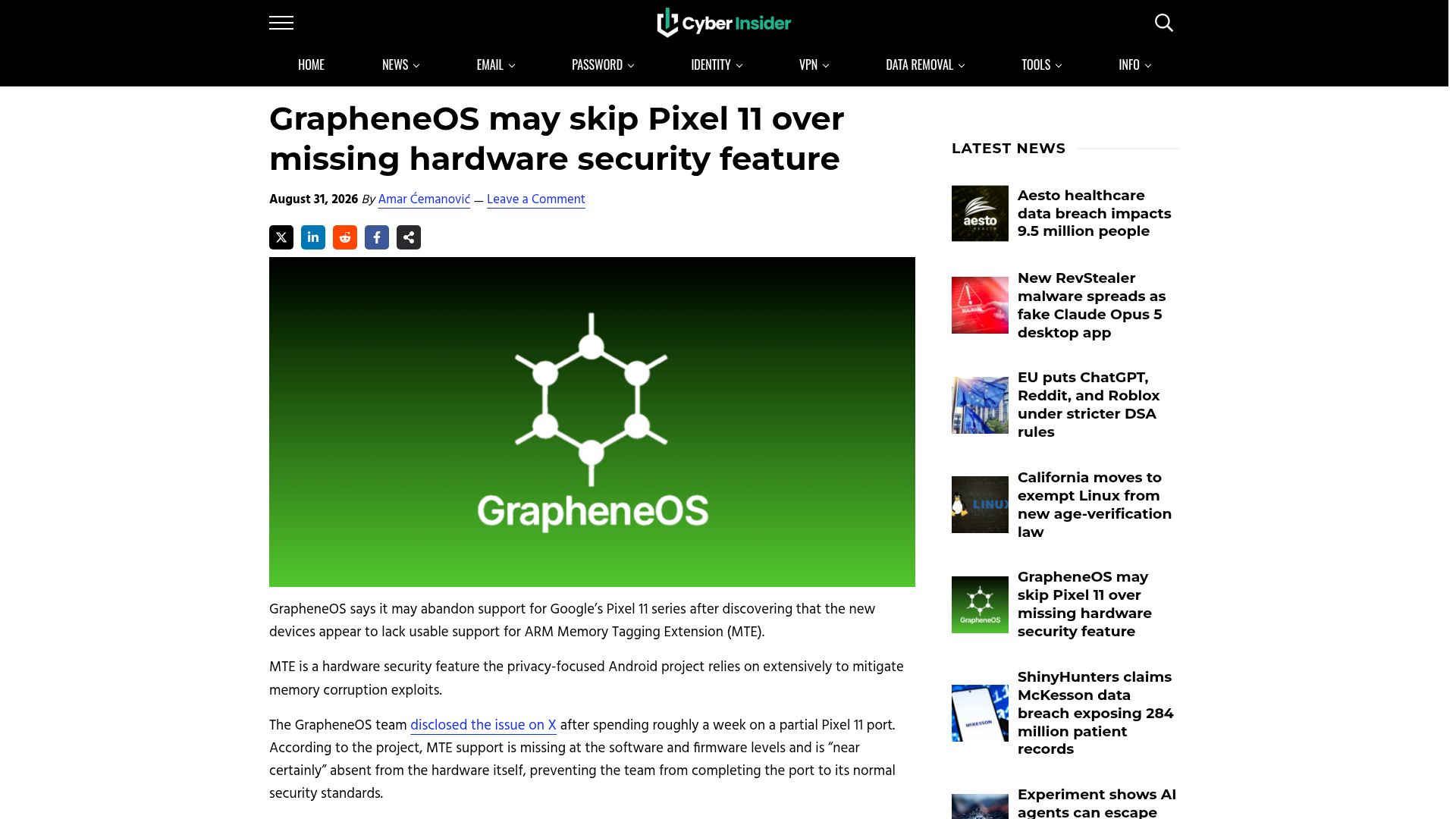 Screenshot of cyberinsider.com: GrapheneOS may skip Pixel 11 over missing hardware security feature