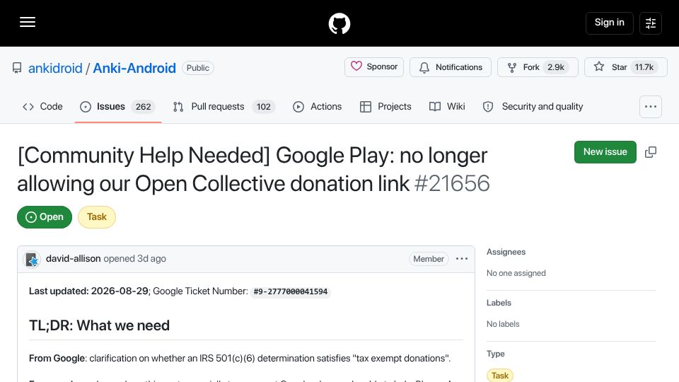 Screenshot of github.com: AnkiDroid: Google Play no longer allowing Open Collective donation link
