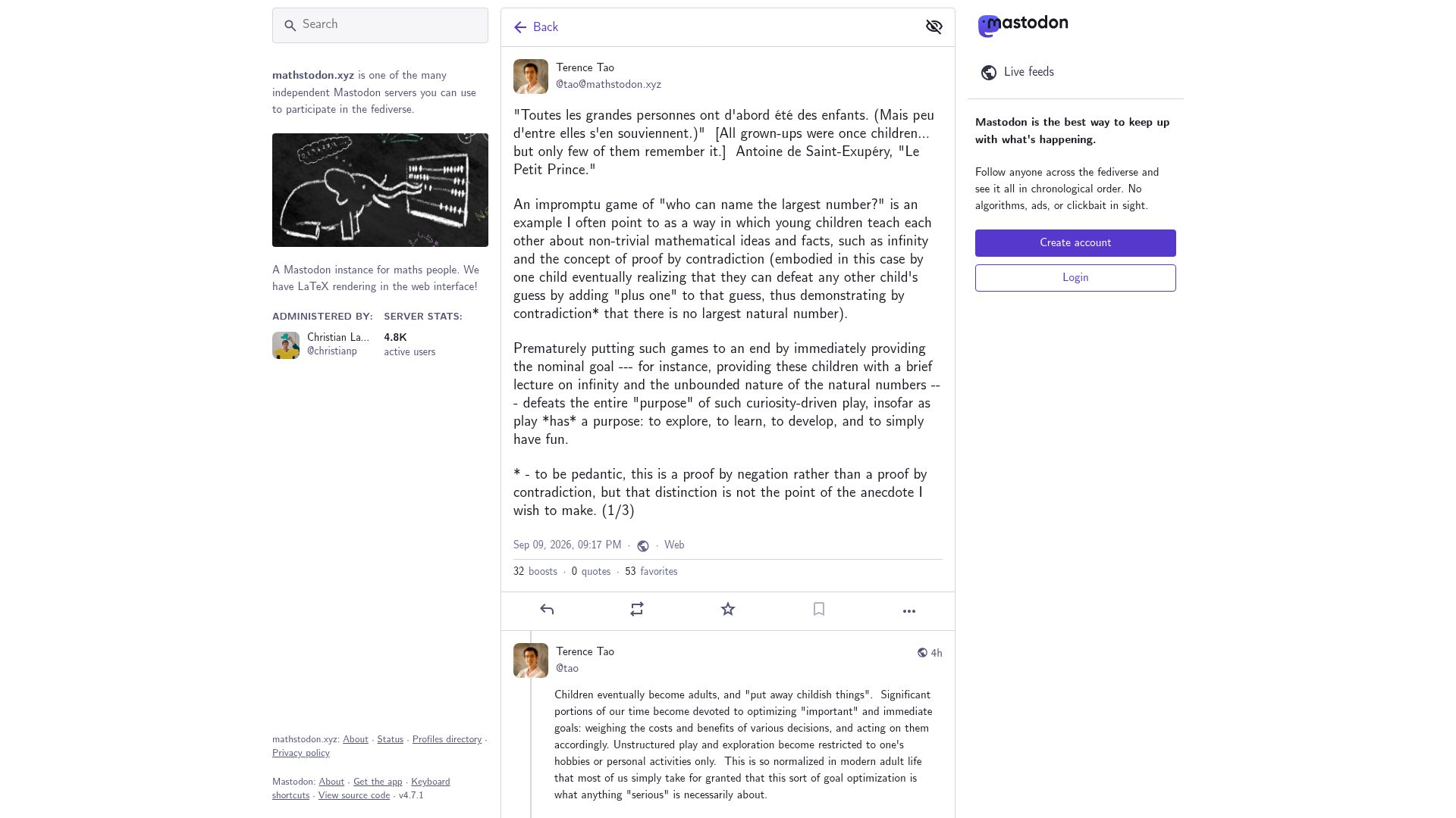 Screenshot of mathstodon.xyz: All grown-ups were once children, but only few of them remember it