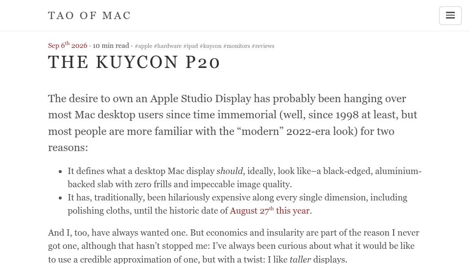 Screenshot of taoofmac.com: The Kuycon P20 – 28" 4500x3000px 3:2 monitor