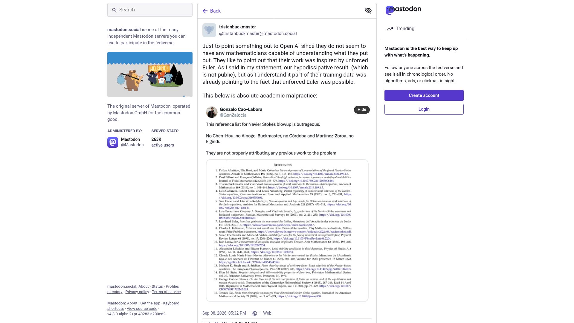 Screenshot of mastodon.social: OpenAI have no mathematicians capable of understanding what they put out