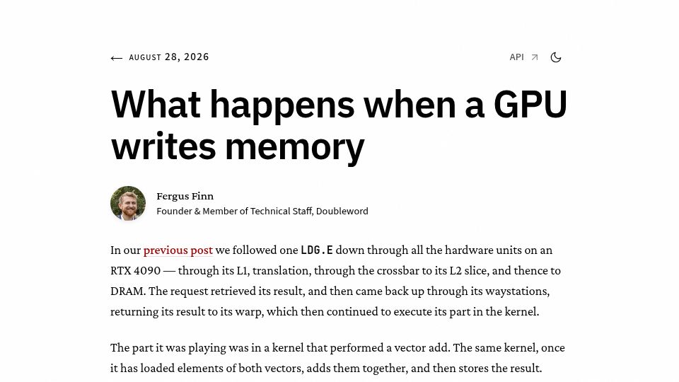 Screenshot of blog.doubleword.ai: What happens when a GPU writes memory