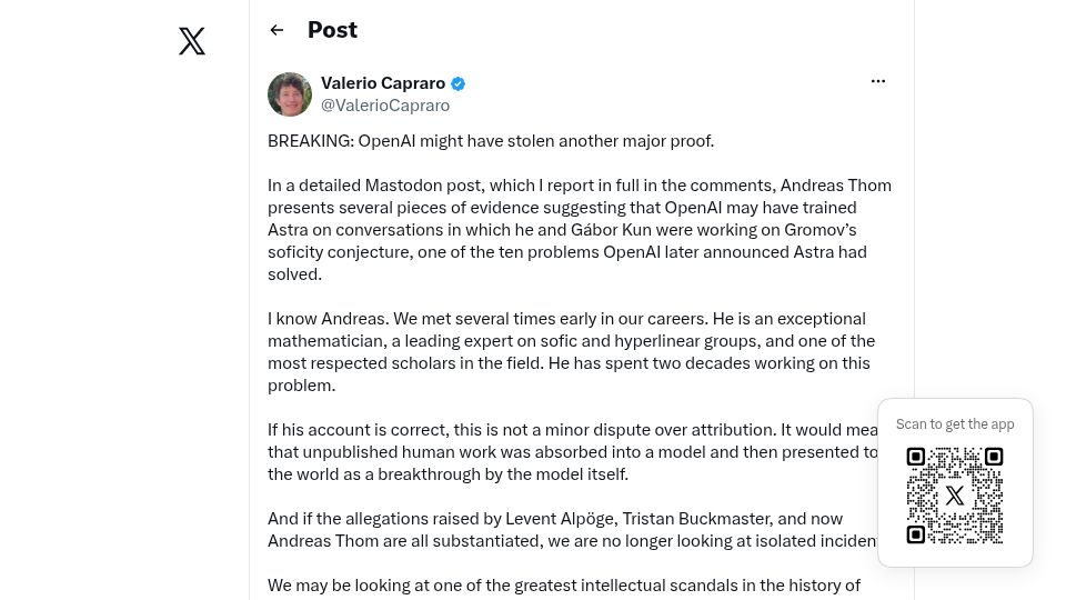 Screenshot of twitter.com: OpenAI might have stolen another major proof