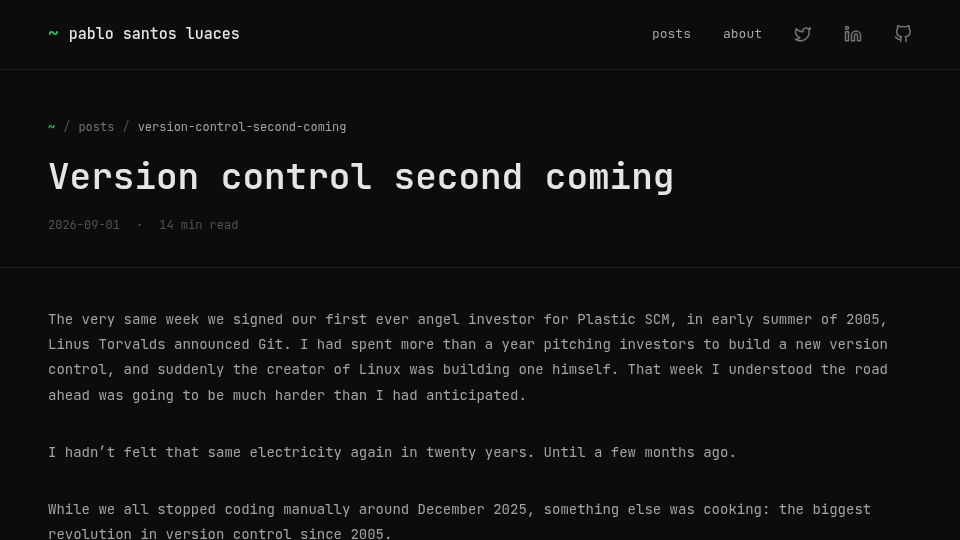 Screenshot of psantosl.github.io: Version control second coming