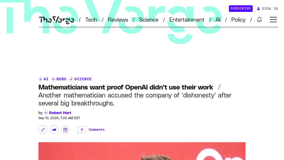 Screenshot of theverge.com: Mathematicians want proof OpenAI didn't use their work