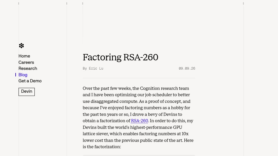 Screenshot of cognition.com: Factoring RSA 260