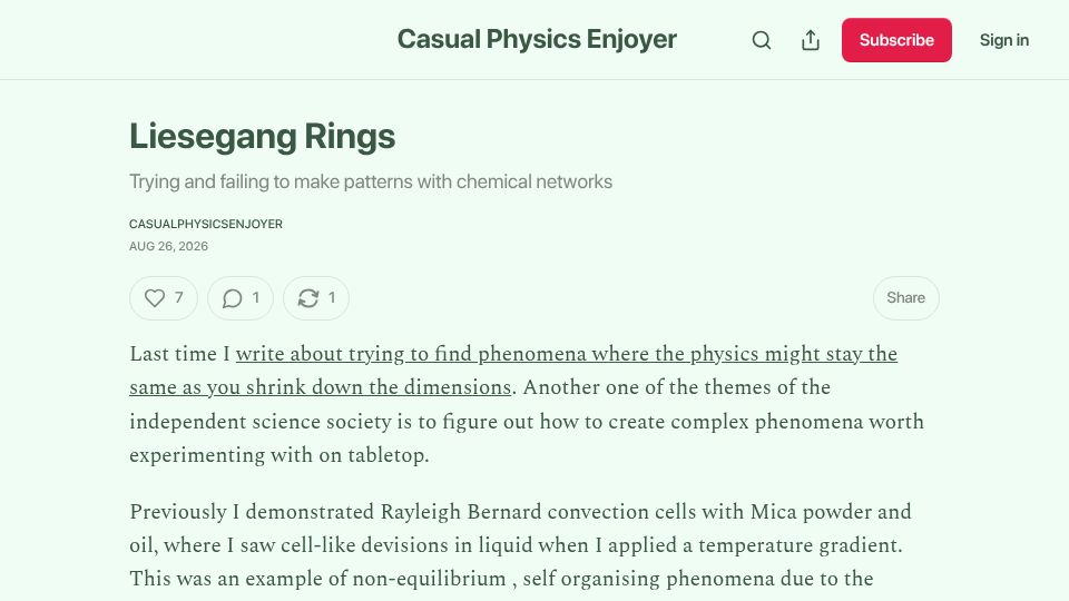 Screenshot of chillphysicsenjoyer.substack.com: Liesegang Rings