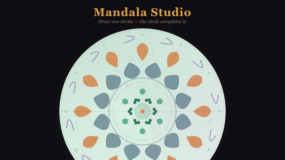Screenshot of mrdee.in: Show HN: Art – draw one stroke, let symmetry complete it