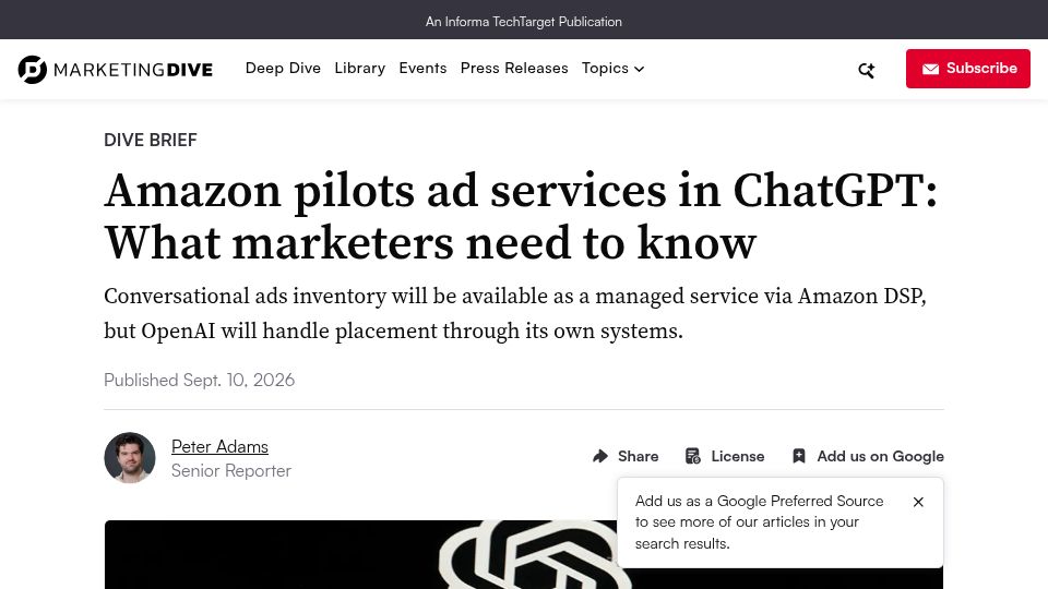 Screenshot of marketingdive.com: Amazon pilots ad services in ChatGPT