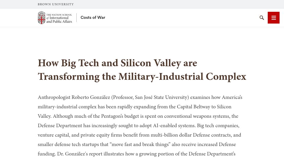 Screenshot of costsofwar.watson.brown.edu: Silicon Valley is transforming the military-industrial complex? (2024)