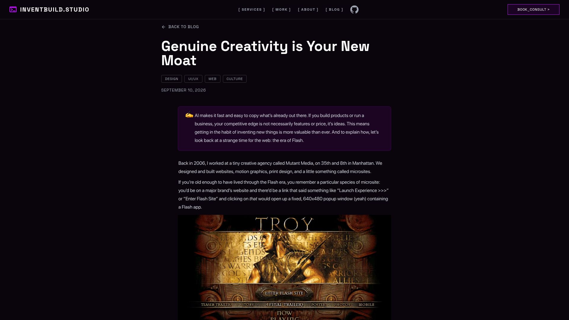 Screenshot of inventbuild.studio: Creativity is the new moat
