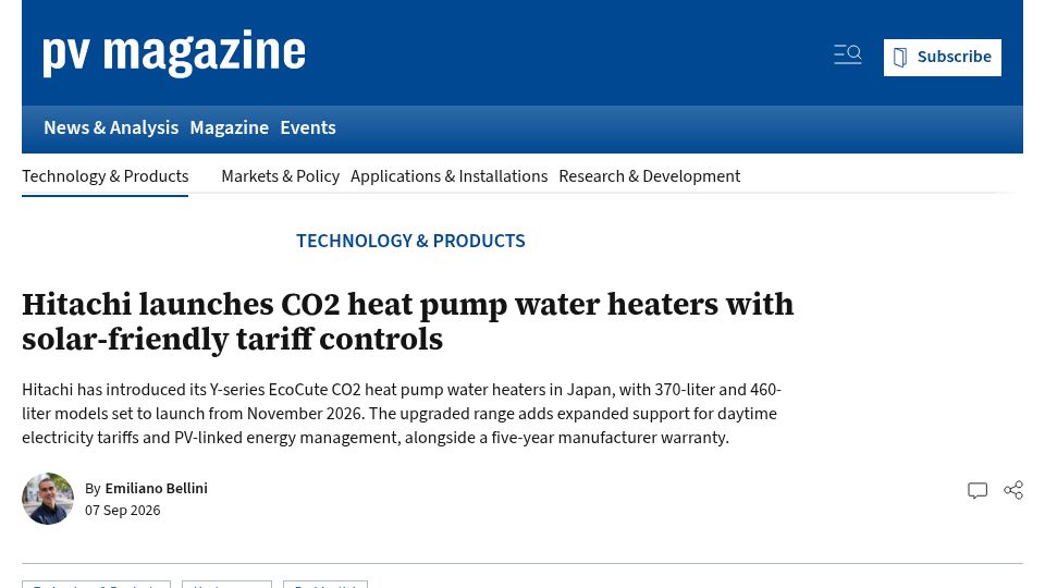 Screenshot of pv-magazine.com: Hitachi launches CO2 heat pump water heaters with solar-friendly tariff controls