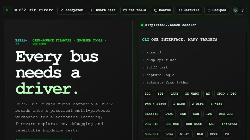 Screenshot of geo-tp.github.io: ESP32 Bit Pirate Hardware Hacking Kit with Web Tools That Speaks Every Protocol