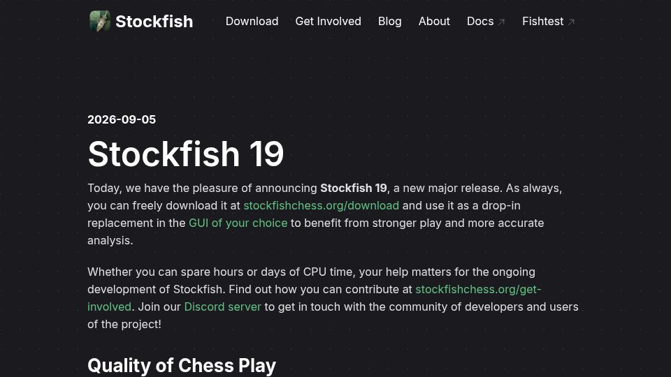 Screenshot of stockfishchess.org: Stockfish 19