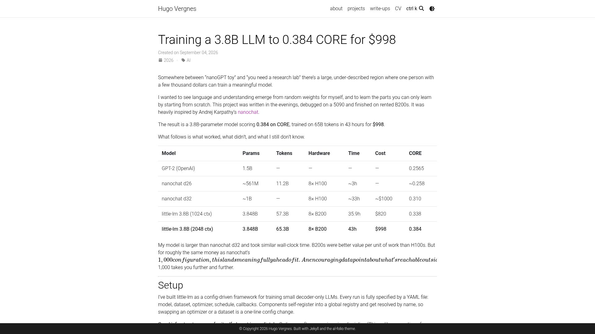 Screenshot of hugovergnes.github.io: Training a 3.8B LLM to 0.384 CORE for $998
