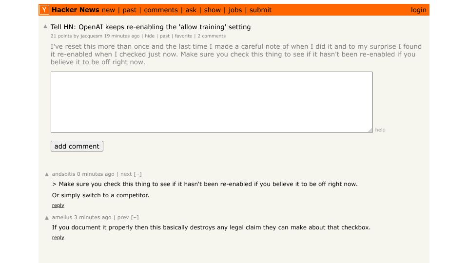 Screenshot of Hacker News post: Tell HN: OpenAI keeps re-enabling the 'allow training' setting