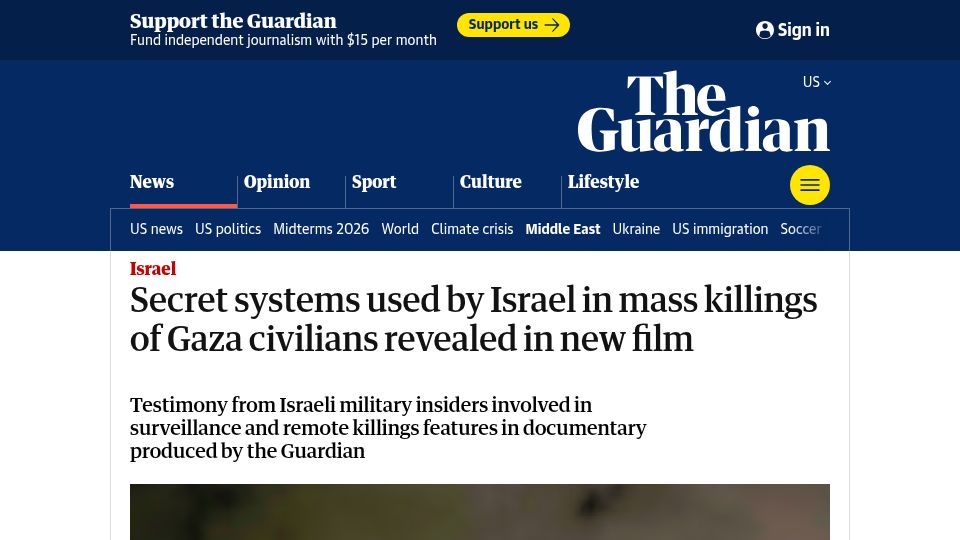 Screenshot of theguardian.com: Secret systems used by Israel in mass killings of Gaza civilians revealed