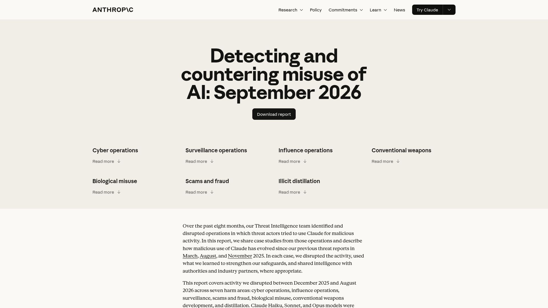 Screenshot of anthropic.com: Detecting and countering misuse of AI: September 2026