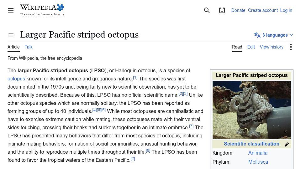 Screenshot of en.wikipedia.org: Larger Pacific striped octopus