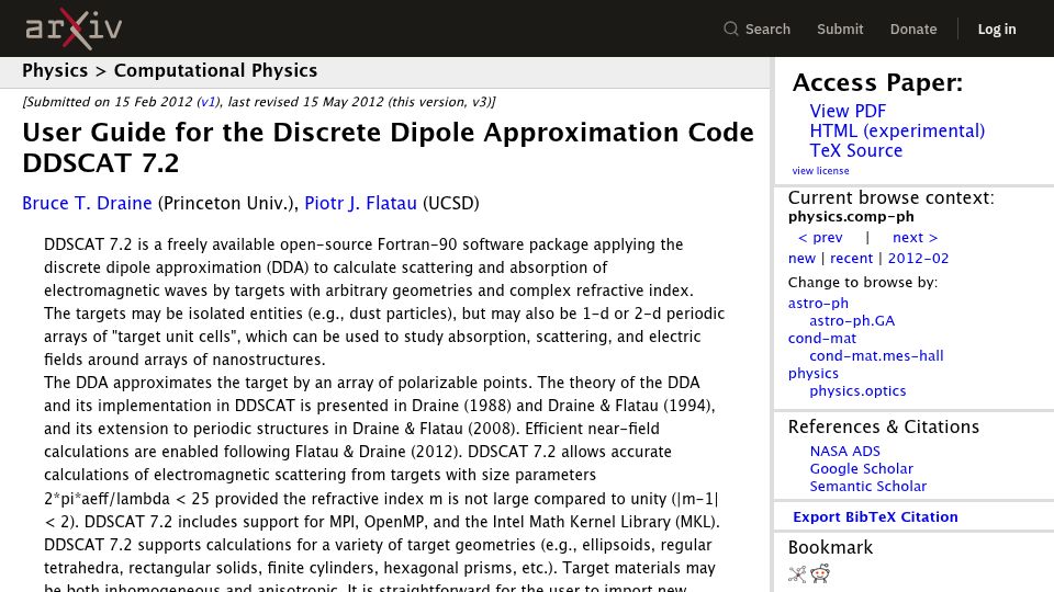 Screenshot of arxiv.org: Discrete Dipole Approximation Code Ddscat 7.2 (2012)