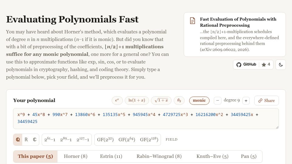 Screenshot of thomasahle.com: Show HN: Compute polynomials twice as fast