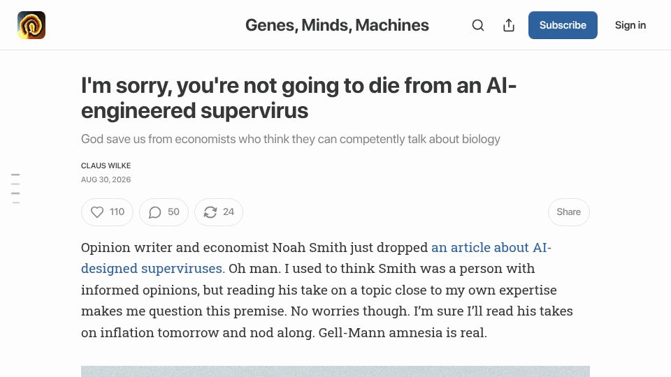 Screenshot of blog.genesmindsmachines.com: I'm sorry, you're not going to die from an AI-engineered supervirus