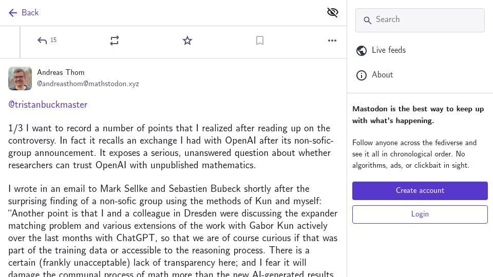 Screenshot of mathstodon.xyz: More questions about whether researchers can trust OpenAI with unpublished math