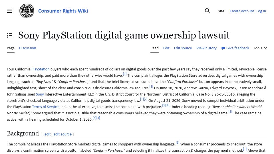 Screenshot of consumerrights.wiki: List of references on Sony websites to players "owning" their digital games