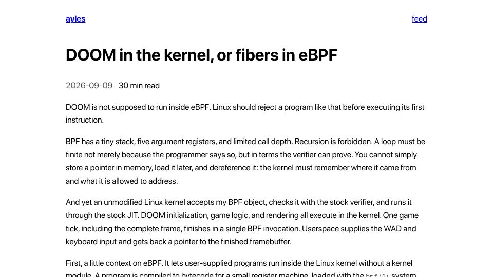 Screenshot of ayles.github.io: Show HN: DOOM in the kernel, or fibers in eBPF