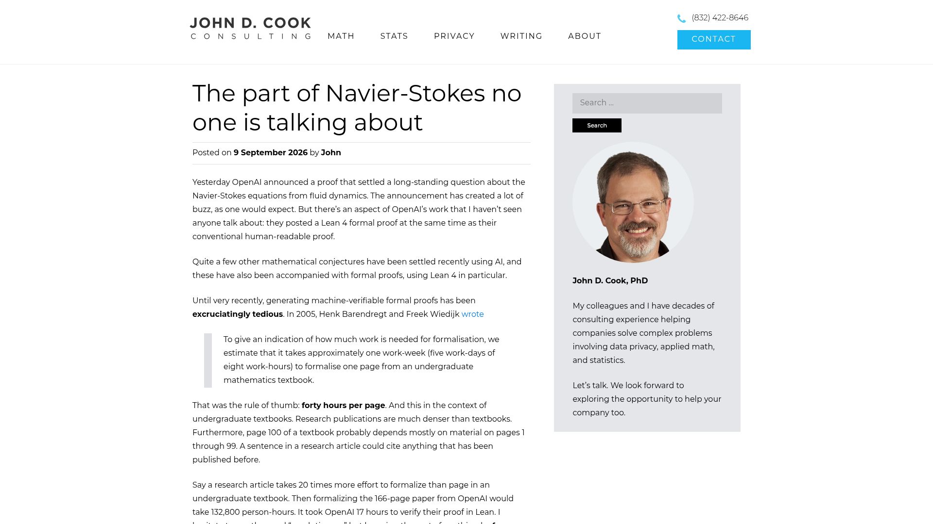 Screenshot of johndcook.com: OpenAI’s Navier-Stokes release included a Lean 4 formal proof