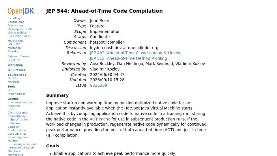 Screenshot of openjdk.org: JEP 544: Ahead-of-Time Code Compilation