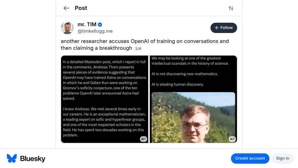 Screenshot of bsky.app: Another researcher says OpenAI trained on conversations, then claimed breakthrou