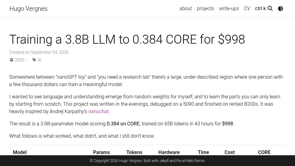 Screenshot of hugovergnes.github.io: Training a 3.8B LLM to 0.384 CORE for $998