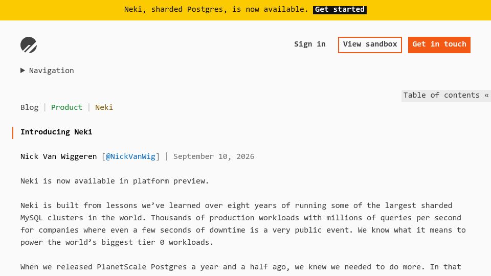 Screenshot of planetscale.com: Neki – Sharded Postgres