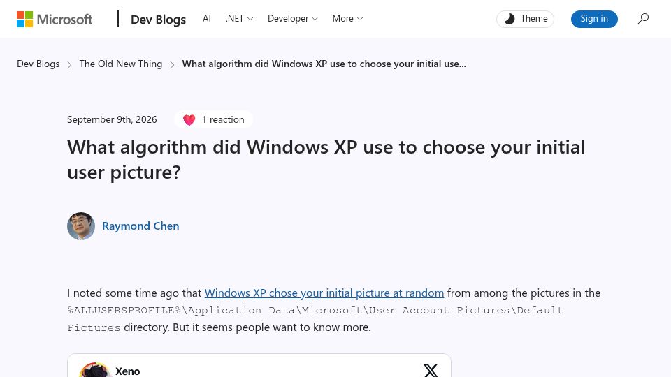 Screenshot of devblogs.microsoft.com: What algorithm did Windows XP use to choose your initial user picture?