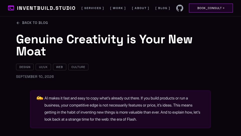 Screenshot of inventbuild.studio: Creativity is the new moat