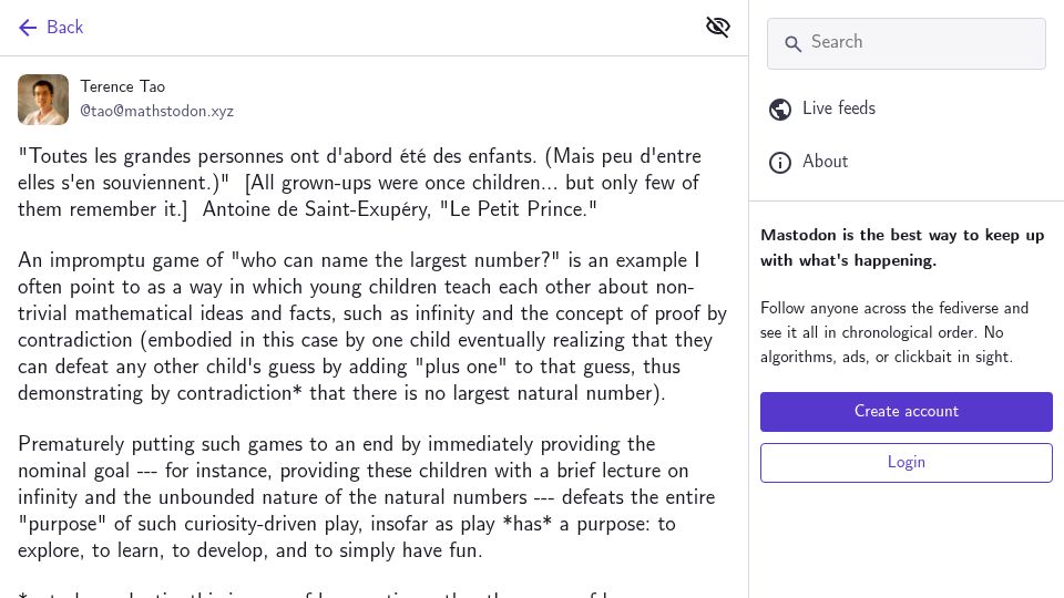 Screenshot of mathstodon.xyz: All grown-ups were once children, but only few of them remember it