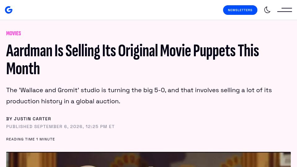 Screenshot of gizmodo.com: Aardman (Wallace and Gromit) Is Selling Its Original Movie Puppets
