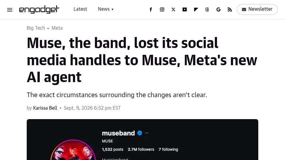 Screenshot of engadget.com: Muse, the band, lost its social media handles to Muse, Meta's new AI agent