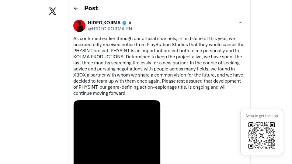 Screenshot of twitter.com: PlayStation cancels Kojima's PHYSINT, Xbox steps in