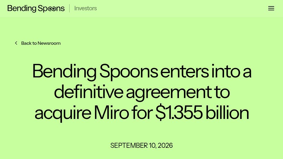 Screenshot of investors.bendingspoons.com: Bending Spoons buying Miro for $1.355B