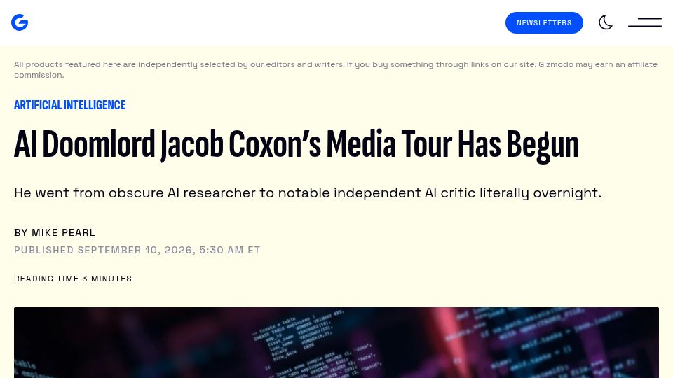 Screenshot of gizmodo.com: AI Doomlord Jacob Coxon's Media Tour Has Begun