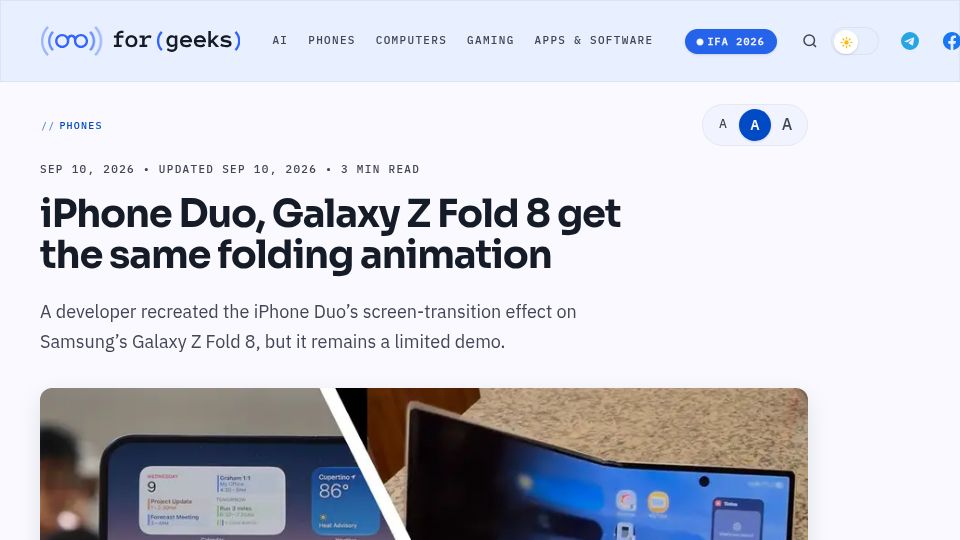 Screenshot of forgeeks.net: Galaxy Z Fold 8 get the same folding animation as iPhone Duo
