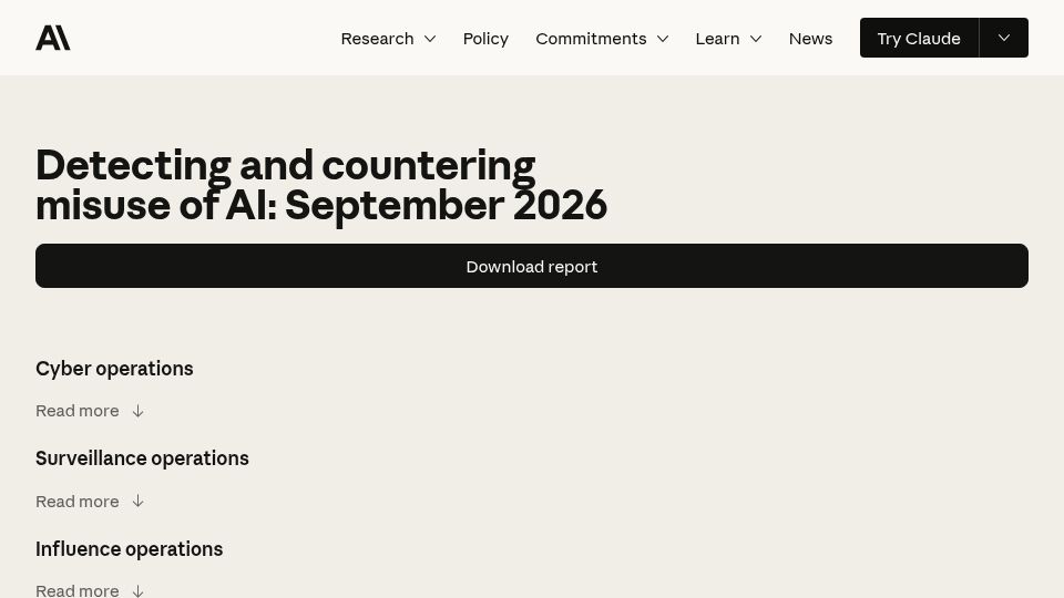 Screenshot of anthropic.com: Detecting and countering misuse of AI: September 2026