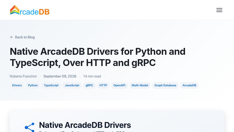 Screenshot of arcadedb.com: Native Python and TypeScript Drivers for ArcadeDB, from OpenAPI and Protobuf
