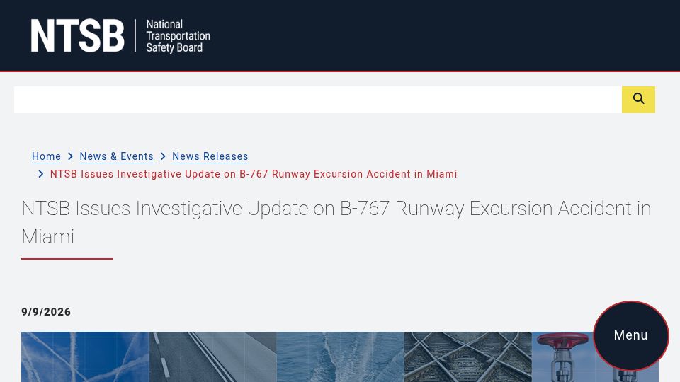 Screenshot of ntsb.gov: NTSB issues investigative update on B-767 runway excursion accident in Miami