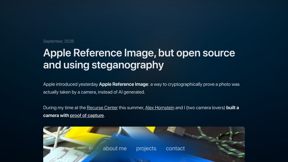 Screenshot of merybenavente.me: Proof of Capture: Apple Reference Image, but open source and using steganography