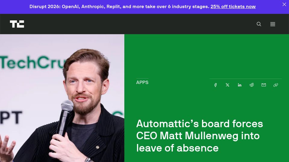 Screenshot of techcrunch.com: Automattic's board forces CEO Matt Mullenweg into leave of absence