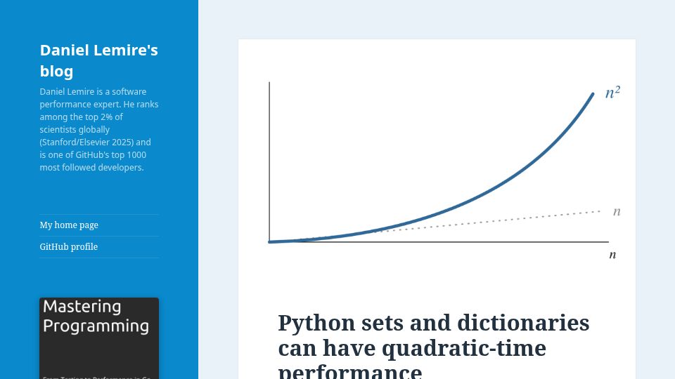 Screenshot of lemire.me: Python sets and dictionaries can have quadratic-time performance