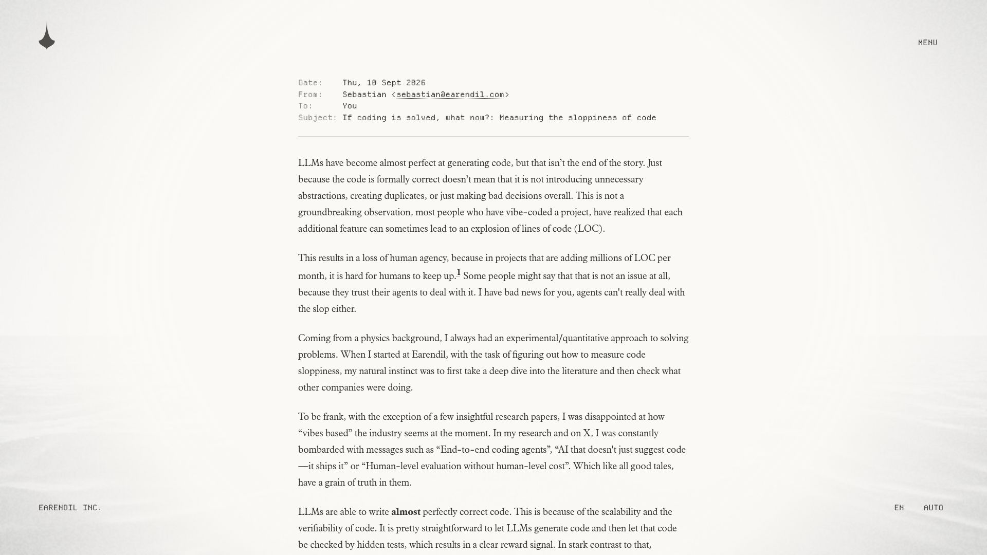 Screenshot of earendil.com: Measuring the sloppiness of code
